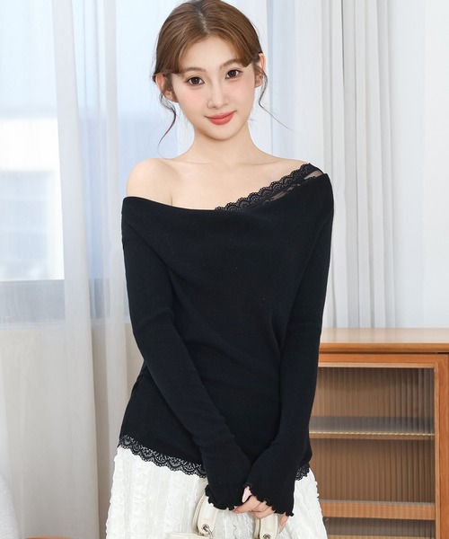 Anely(アネリー)の「配レース メロウ オフショル ニット プルオーバー(ニット/セーター・レディース・ブラック/アイボリー/ブルーグレー・FREE)」の11枚目の写真