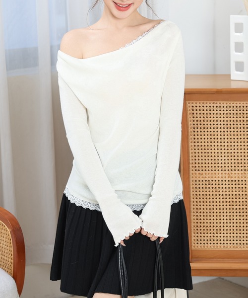 Anely(アネリー)の「配レース メロウ オフショル ニット プルオーバー(ニット/セーター・レディース・ブラック/アイボリー/ブルーグレー・FREE)」の15枚目の写真