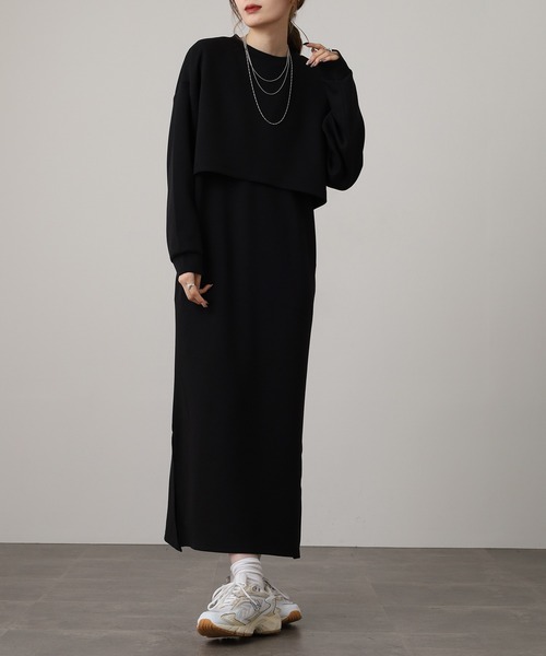 OMNES(オムネス)の「ダンボールニット ショートプルオーバー Vネックジャンスカセット(ワンピース・レディース・ブラック/アイボリー/カーキ/モカ・FREE)」の1枚目の写真