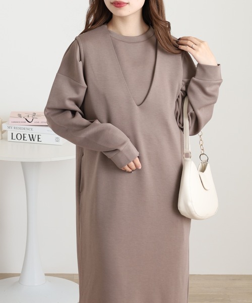 OMNES(オムネス)の「ダンボールニット ショートプルオーバー Vネックジャンスカセット(ワンピース・レディース・ブラック/アイボリー/カーキ/モカ・FREE)」の3枚目の写真