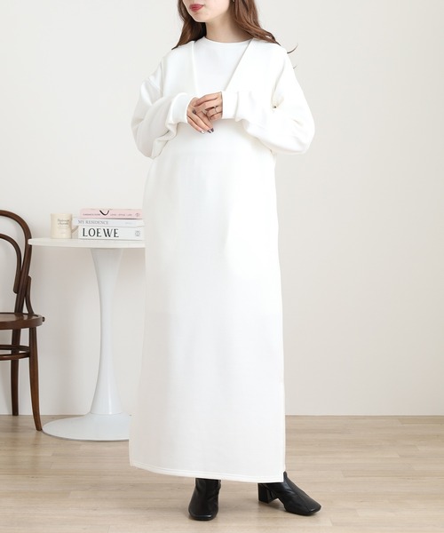 OMNES(オムネス)の「ダンボールニット ショートプルオーバー Vネックジャンスカセット(ワンピース・レディース・ブラック/アイボリー/カーキ/モカ・FREE)」の7枚目の写真