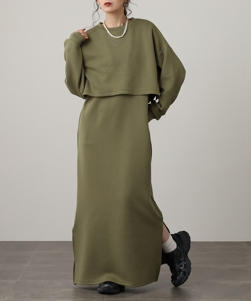 OMNES(オムネス)の「ダンボールニット ショートプルオーバー Vネックジャンスカセット(ワンピース・レディース・ブラック/アイボリー/カーキ/モカ・FREE)」の19枚目の写真