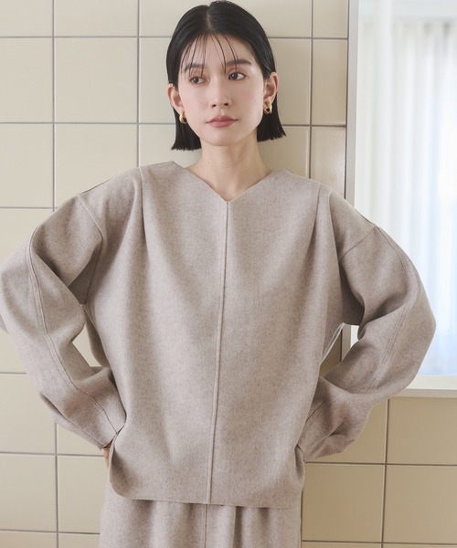 hunch（ハンチ）の「圧縮ニットソー Vネック コクーンニット（ニット/セーター・レディース・ダークブラウン/ベージュ/チャコール・FREE）」の3枚目の写真
