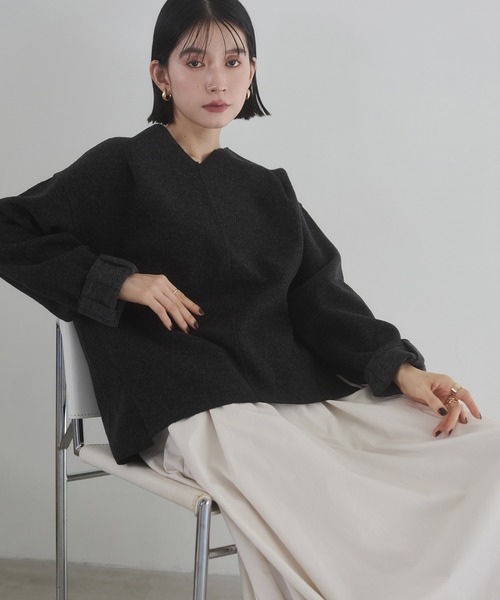 hunch（ハンチ）の「圧縮ニットソー Vネック コクーンニット（ニット/セーター・レディース・ダークブラウン/ベージュ/チャコール・FREE）」の5枚目の写真