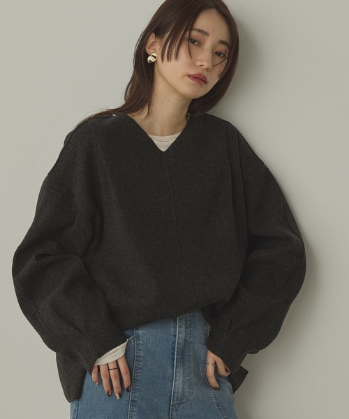 hunch（ハンチ）の「圧縮ニットソー Vネック コクーンニット（ニット/セーター・レディース・ダークブラウン/ベージュ/チャコール・FREE）」の8枚目の写真