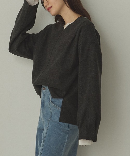 hunch（ハンチ）の「圧縮ニットソー Vネック コクーンニット（ニット/セーター・レディース・ダークブラウン/ベージュ/チャコール・FREE）」の9枚目の写真