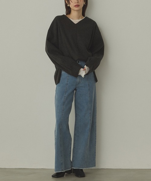 hunch（ハンチ）の「圧縮ニットソー Vネック コクーンニット（ニット/セーター・レディース・ダークブラウン/ベージュ/チャコール・FREE）」の11枚目の写真