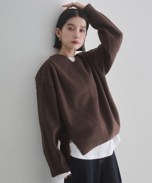 hunch（ハンチ）の「圧縮ニットソー Vネック コクーンニット（ニット/セーター・レディース・ダークブラウン/ベージュ/チャコール・FREE）」の15枚目の写真