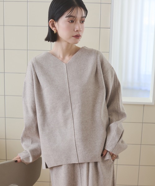hunch（ハンチ）の「圧縮ニットソー Vネック コクーンニット（ニット/セーター・レディース・ダークブラウン/ベージュ/チャコール・FREE）」の4枚目の写真
