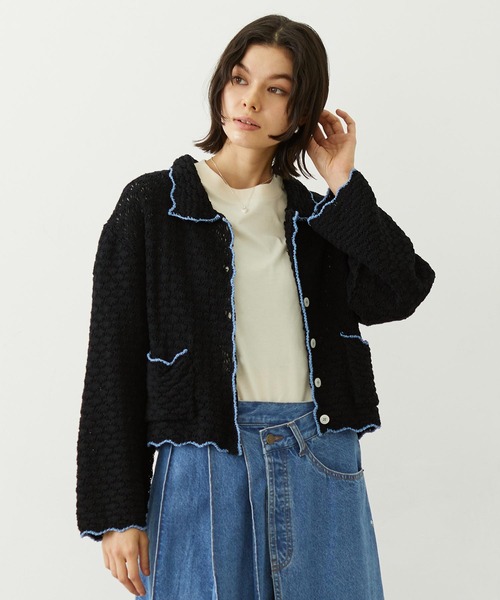 MILKFED.（ミルクフェド）の「OPEN COLLAR CONTRAST TRIM KNIT CARDIGAN（カーディガン/ボレロ・レディース・グレー/オフホワイト/ブラック・ONE SIZE）」の2枚目の写真