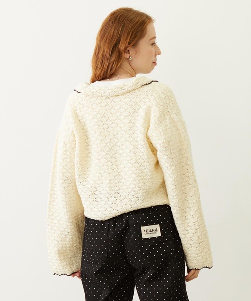 MILKFED.（ミルクフェド）の「OPEN COLLAR CONTRAST TRIM KNIT CARDIGAN（カーディガン/ボレロ・レディース・グレー/オフホワイト/ブラック・ONE SIZE）」の4枚目の写真