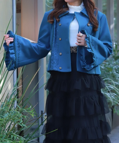 axes femme(アクシーズファム)の「刺繍入ジャカード切替コート(ピーコート・レディース・ワイン/ブラック/ブルーグリーン・MEDIUM)」の14枚目の写真