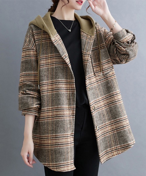 ONEP STAR（ワンピスター）の「フード付きチェック柄シャツジャケット（カバーオール・レディース・ブラウン/ブラック・MEDIUM/LARGE/X-LARGE）」の3枚目の写真