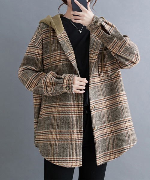 ONEP STAR（ワンピスター）の「フード付きチェック柄シャツジャケット（カバーオール・レディース・ブラウン/ブラック・MEDIUM/LARGE/X-LARGE）」の4枚目の写真
