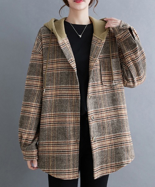 ONEP STAR（ワンピスター）の「フード付きチェック柄シャツジャケット（カバーオール・レディース・ブラウン/ブラック・MEDIUM/LARGE/X-LARGE）」の5枚目の写真