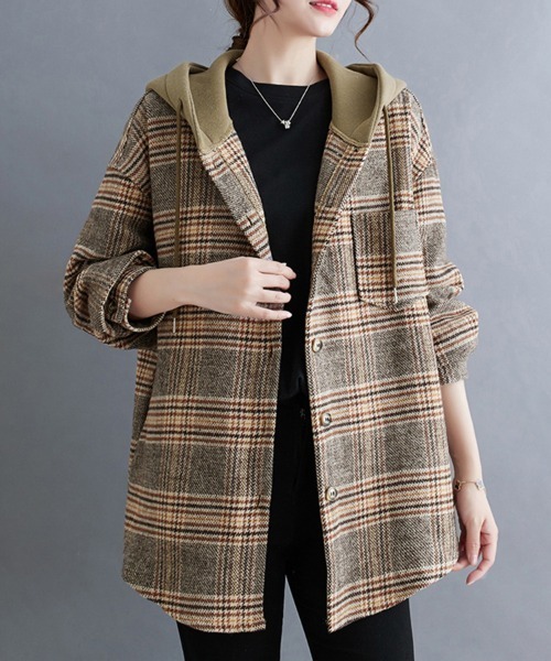 ONEP STAR（ワンピスター）の「フード付きチェック柄シャツジャケット（カバーオール・レディース・ブラウン/ブラック・MEDIUM/LARGE/X-LARGE）」の6枚目の写真