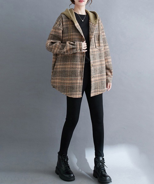 ONEP STAR（ワンピスター）の「フード付きチェック柄シャツジャケット（カバーオール・レディース・ブラウン/ブラック・MEDIUM/LARGE/X-LARGE）」の7枚目の写真