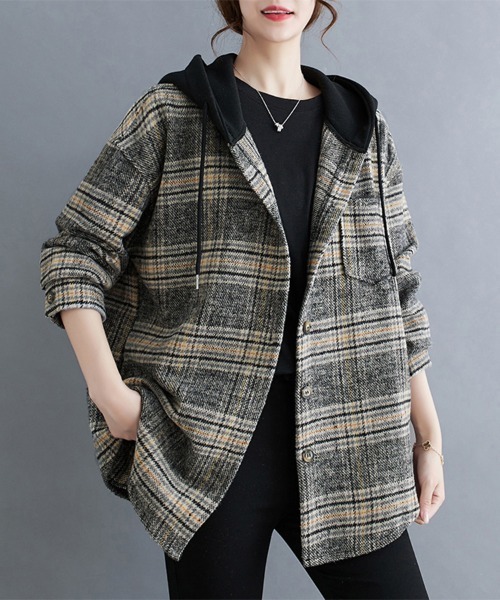 ONEP STAR（ワンピスター）の「フード付きチェック柄シャツジャケット（カバーオール・レディース・ブラウン/ブラック・MEDIUM/LARGE/X-LARGE）」の9枚目の写真
