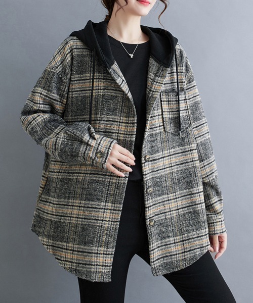 ONEP STAR（ワンピスター）の「フード付きチェック柄シャツジャケット（カバーオール・レディース・ブラウン/ブラック・MEDIUM/LARGE/X-LARGE）」の10枚目の写真