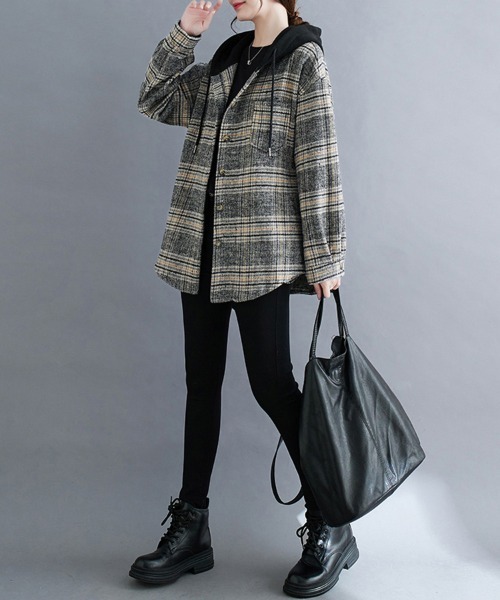 ONEP STAR（ワンピスター）の「フード付きチェック柄シャツジャケット（カバーオール・レディース・ブラウン/ブラック・MEDIUM/LARGE/X-LARGE）」の11枚目の写真