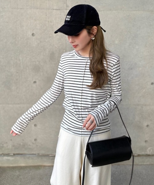 LAULEN(ローレン)の「crew neck border tops /配色クルーネック長袖ボーダートップス(Tシャツ/カットソー・レディース・ネイビー/ブラック×ホワイト/ブルー/グレー・FREE)」の2枚目の写真