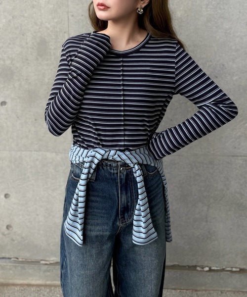 LAULEN(ローレン)の「crew neck border tops /配色クルーネック長袖ボーダートップス(Tシャツ/カットソー・レディース・ネイビー/ブラック×ホワイト/ブルー/グレー・FREE)」の4枚目の写真