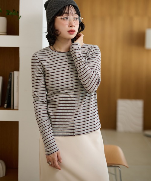 LAULEN(ローレン)の「crew neck border tops /配色クルーネック長袖ボーダートップス(Tシャツ/カットソー・レディース・ネイビー/ブラック×ホワイト/ブルー/グレー・FREE)」の3枚目の写真