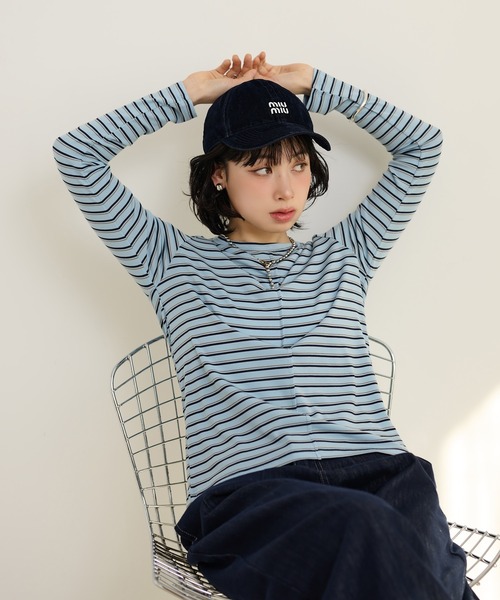LAULEN(ローレン)の「crew neck border tops /配色クルーネック長袖ボーダートップス(Tシャツ/カットソー・レディース・ネイビー/ブラック×ホワイト/ブルー/グレー・FREE)」の1枚目の写真