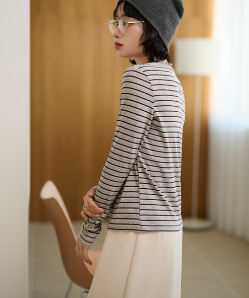 LAULEN(ローレン)の「crew neck border tops /配色クルーネック長袖ボーダートップス(Tシャツ/カットソー・レディース・ネイビー/ブラック×ホワイト/ブルー/グレー・FREE)」の22枚目の写真