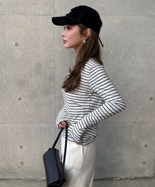 LAULEN(ローレン)の「crew neck border tops /配色クルーネック長袖ボーダートップス(Tシャツ/カットソー・レディース・ネイビー/ブラック×ホワイト/ブルー/グレー・FREE)」の14枚目の写真