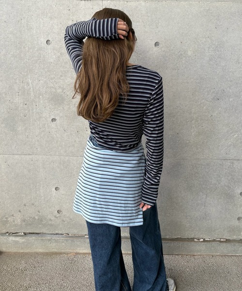 LAULEN(ローレン)の「crew neck border tops /配色クルーネック長袖ボーダートップス(Tシャツ/カットソー・レディース・ネイビー/ブラック×ホワイト/ブルー/グレー・FREE)」の5枚目の写真