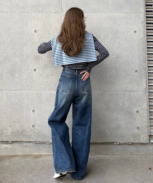 LAULEN(ローレン)の「crew neck border tops /配色クルーネック長袖ボーダートップス(Tシャツ/カットソー・レディース・ネイビー/ブラック×ホワイト/ブルー/グレー・FREE)」の8枚目の写真