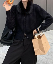 ファー付き ジップアップ ニット