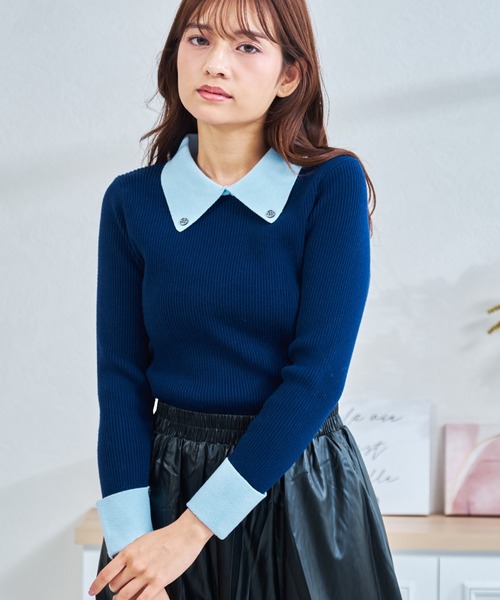 MISCH MASCH(ミッシュマッシュ)の「一部店舗限定 襟ボタン配色ニット(ニット/セーター・レディース・ネイビー/アイボリー/グレー・フリ-)」の1枚目の写真