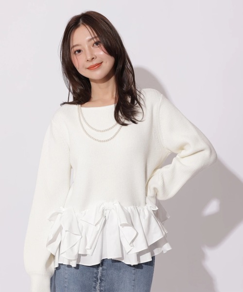 Apuweiser-riche（アプワイザーリッシェ）の「リボンフリルヘムショートニット（ニット/セーター・レディース・ブラック系その他/グレイッシュベージュ/ホワイト/ピンク・2）」の9枚目の写真