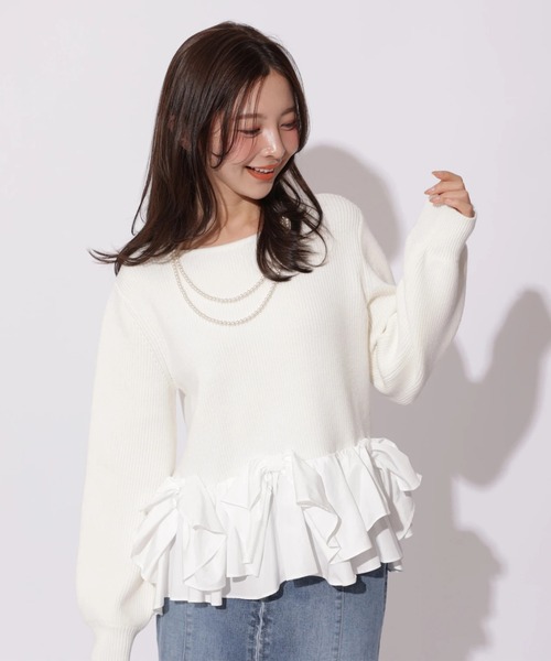 Apuweiser-riche（アプワイザーリッシェ）の「リボンフリルヘムショートニット（ニット/セーター・レディース・ブラック系その他/グレイッシュベージュ/ホワイト/ピンク・2）」の10枚目の写真