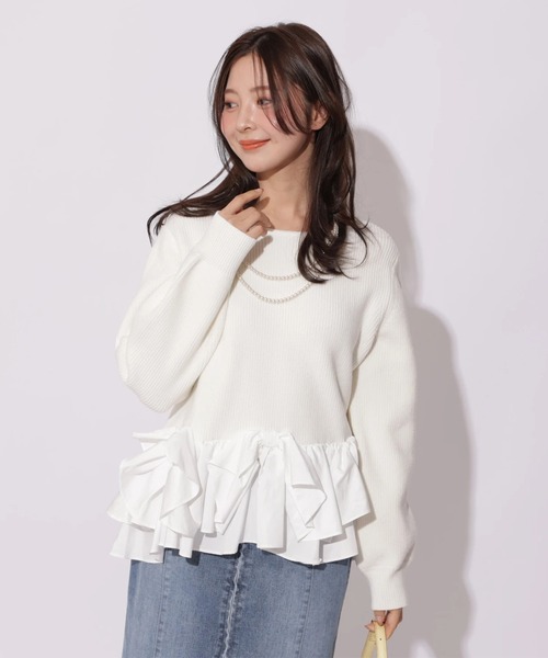 Apuweiser-riche（アプワイザーリッシェ）の「リボンフリルヘムショートニット（ニット/セーター・レディース・ブラック系その他/グレイッシュベージュ/ホワイト/ピンク・2）」の12枚目の写真