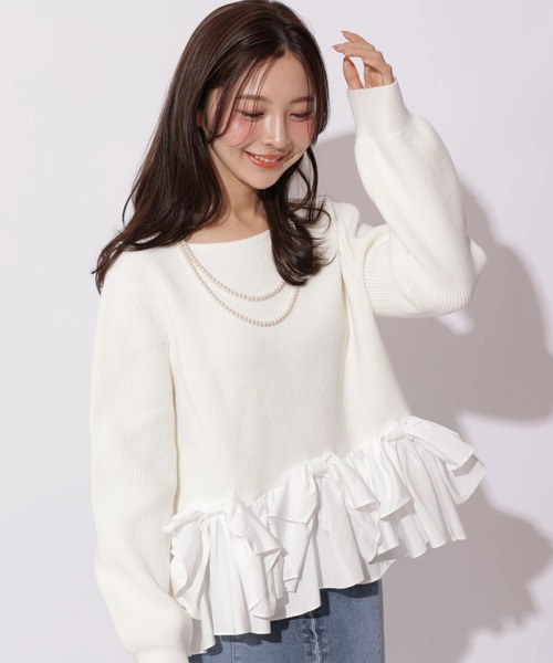 Apuweiser-riche（アプワイザーリッシェ）の「リボンフリルヘムショートニット（ニット/セーター・レディース・ブラック系その他/グレイッシュベージュ/ホワイト/ピンク・2）」の15枚目の写真