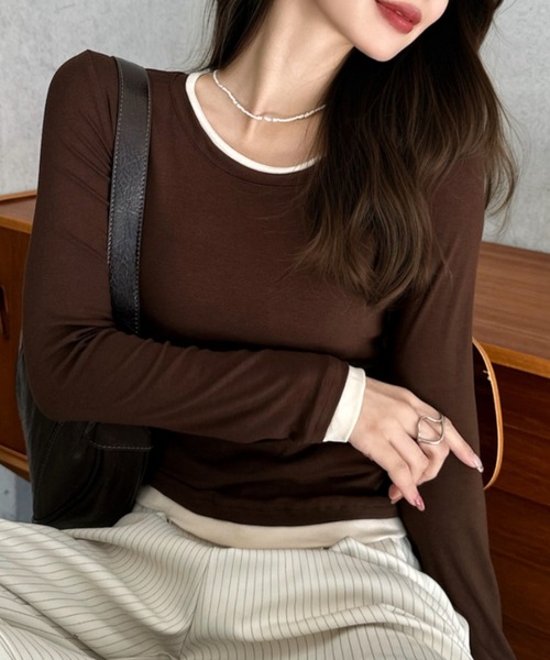 Eclat one(エクラワン)の「【Eclat one】配色レイヤード風 ネックデザイン カットソー(Tシャツ/カットソー・レディース・ブラック/ブラウン/ホワイト/グレー・FREE)」の4枚目の写真