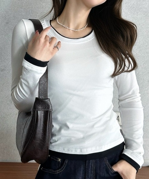 Eclat one(エクラワン)の「【Eclat one】配色レイヤード風 ネックデザイン カットソー(Tシャツ/カットソー・レディース・ブラック/ブラウン/ホワイト/グレー・FREE)」の1枚目の写真