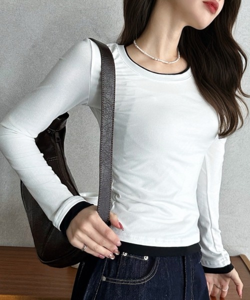 Eclat one(エクラワン)の「【Eclat one】配色レイヤード風 ネックデザイン カットソー(Tシャツ/カットソー・レディース・ブラック/ブラウン/ホワイト/グレー・FREE)」の20枚目の写真