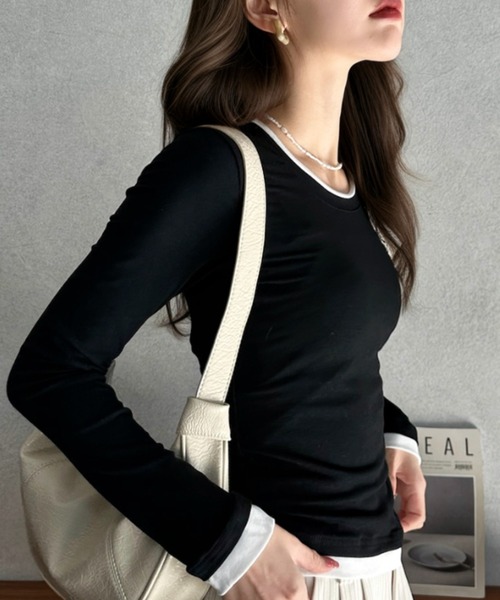 Eclat one(エクラワン)の「【Eclat one】配色レイヤード風 ネックデザイン カットソー(Tシャツ/カットソー・レディース・ブラック/ブラウン/ホワイト/グレー・FREE)」の6枚目の写真