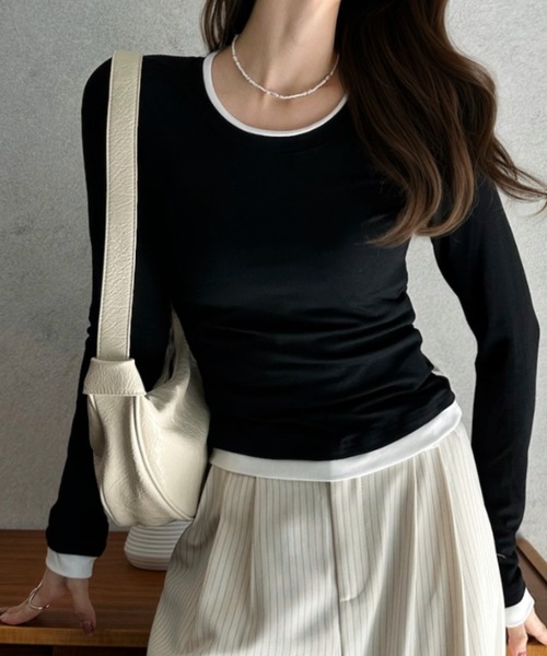 Eclat one(エクラワン)の「【Eclat one】配色レイヤード風 ネックデザイン カットソー(Tシャツ/カットソー・レディース・ブラック/ブラウン/ホワイト/グレー・FREE)」の5枚目の写真