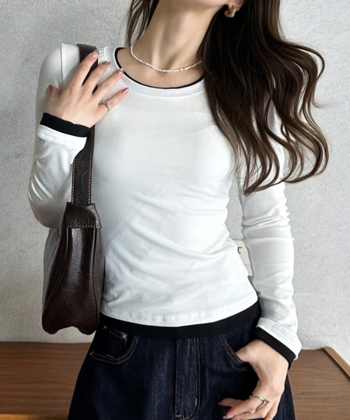 Eclat one(エクラワン)の「【Eclat one】配色レイヤード風 ネックデザイン カットソー(Tシャツ/カットソー・レディース・ブラック/ブラウン/ホワイト/グレー・FREE)」の19枚目の写真