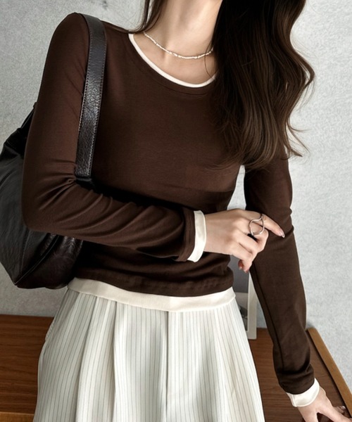 Eclat one(エクラワン)の「【Eclat one】配色レイヤード風 ネックデザイン カットソー(Tシャツ/カットソー・レディース・ブラック/ブラウン/ホワイト/グレー・FREE)」の18枚目の写真