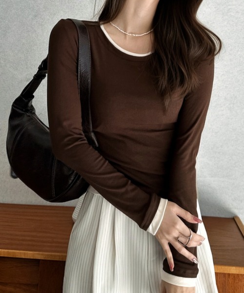 Eclat one(エクラワン)の「【Eclat one】配色レイヤード風 ネックデザイン カットソー(Tシャツ/カットソー・レディース・ブラック/ブラウン/ホワイト/グレー・FREE)」の15枚目の写真