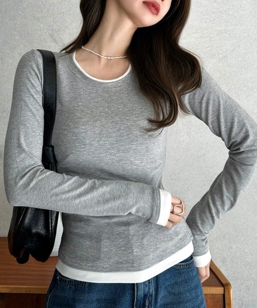 Eclat one(エクラワン)の「【Eclat one】配色レイヤード風 ネックデザイン カットソー(Tシャツ/カットソー・レディース・ブラック/ブラウン/ホワイト/グレー・FREE)」の7枚目の写真