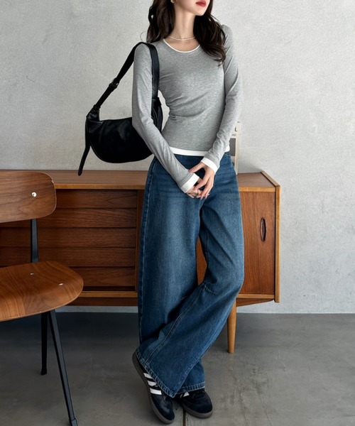 Eclat one(エクラワン)の「【Eclat one】配色レイヤード風 ネックデザイン カットソー(Tシャツ/カットソー・レディース・ブラック/ブラウン/ホワイト/グレー・FREE)」の12枚目の写真