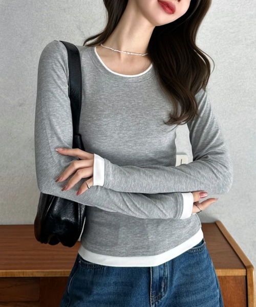 Eclat one(エクラワン)の「【Eclat one】配色レイヤード風 ネックデザイン カットソー(Tシャツ/カットソー・レディース・ブラック/ブラウン/ホワイト/グレー・FREE)」の11枚目の写真