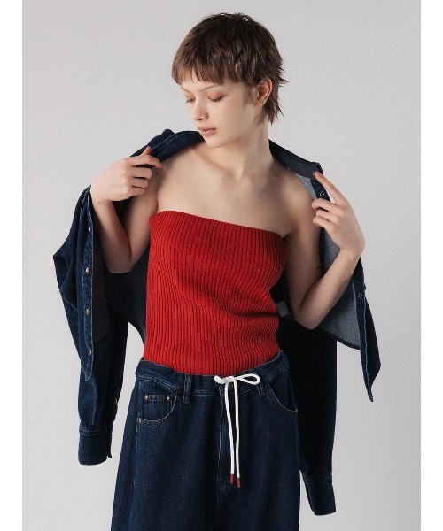 ELCHELE(エルチェレ)の「NEP KNIT TUBE TOP(チューブトップ・レディース・サックスブルー/ライトブラウン/オートミール/レッド・FREE)」の6枚目の写真